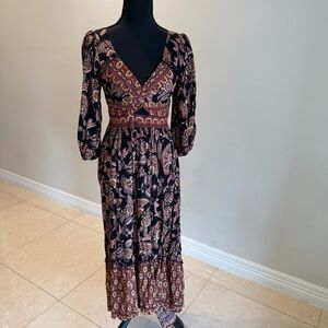 Angie Bohemian Western 3/4 Sleeve Dress - Black and Brown